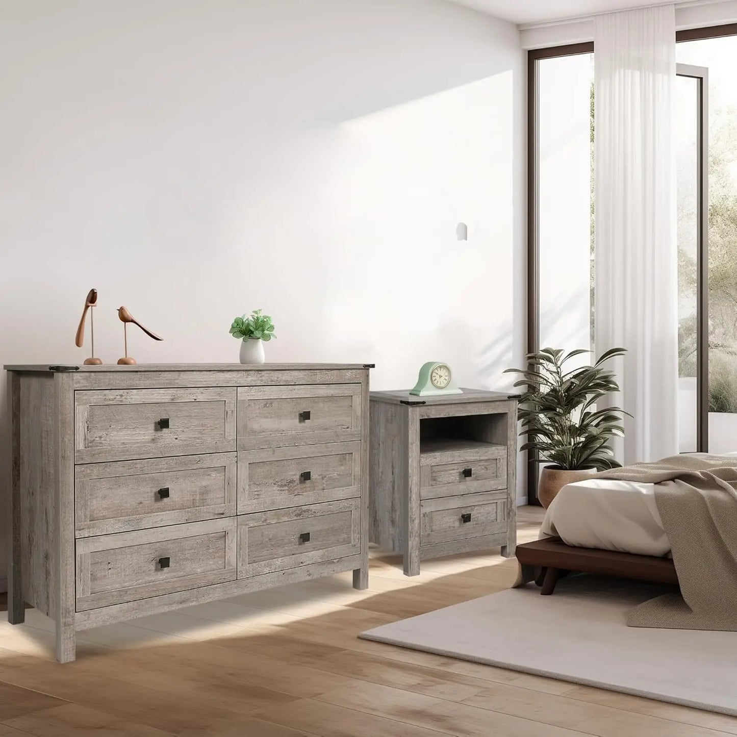 Farmhouse Bedroom Set: Rustic Grey 6-Drawer Double Dresser + Nightstands