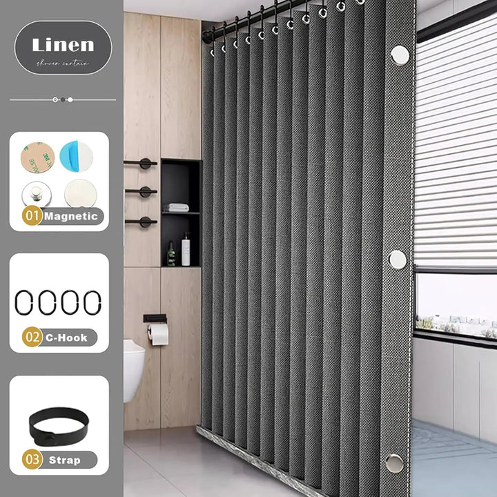 Bathroom Folding Linen Shower Curtain - Magnetic & Waterproof