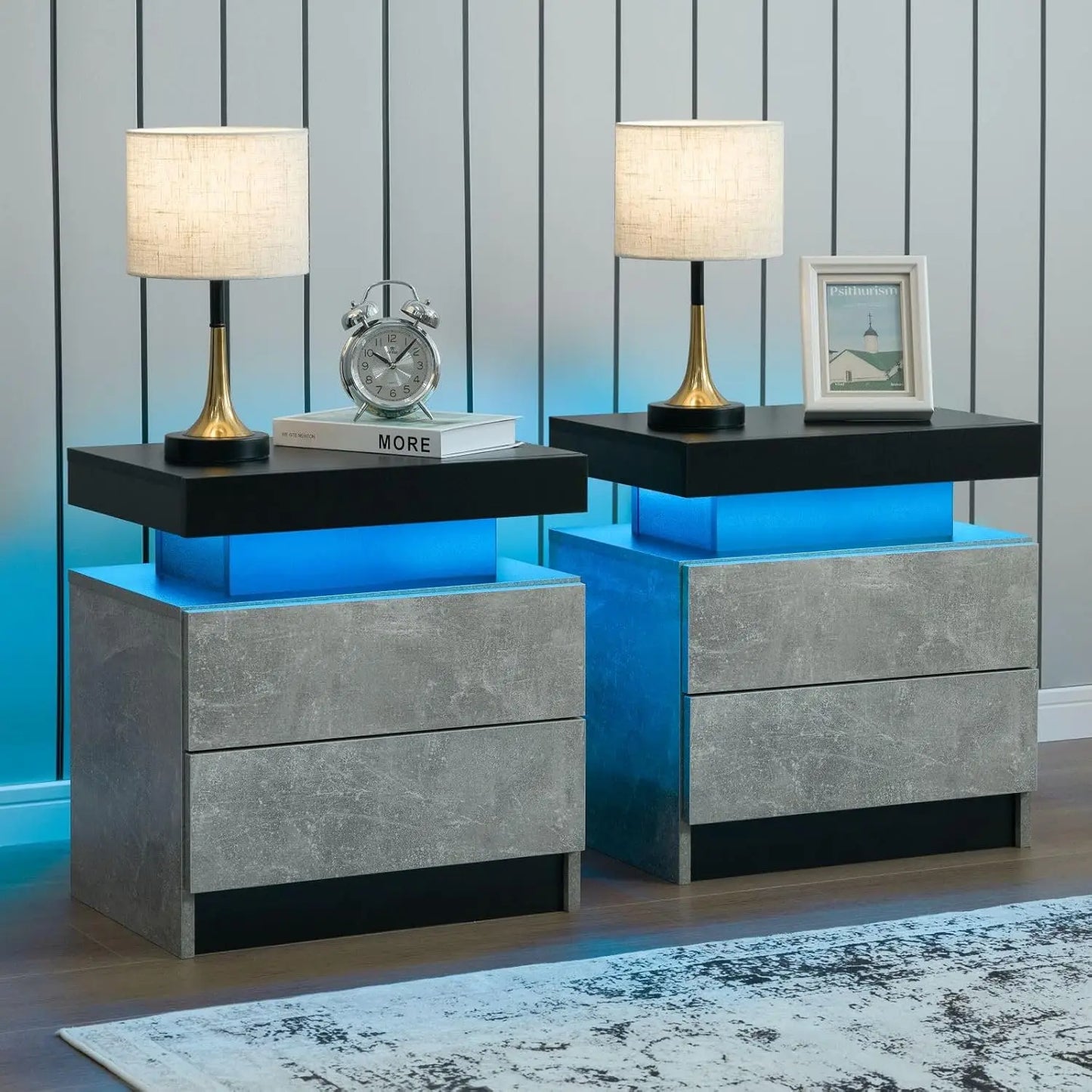 Set of 2 LED Nightstand with 2 Drawers