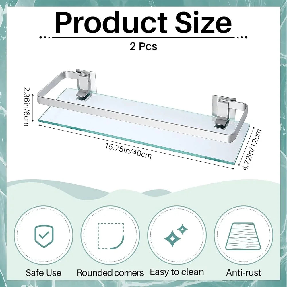 Bathroom Glass Corner Shelf 2 Pieces Wall Mounted Storage