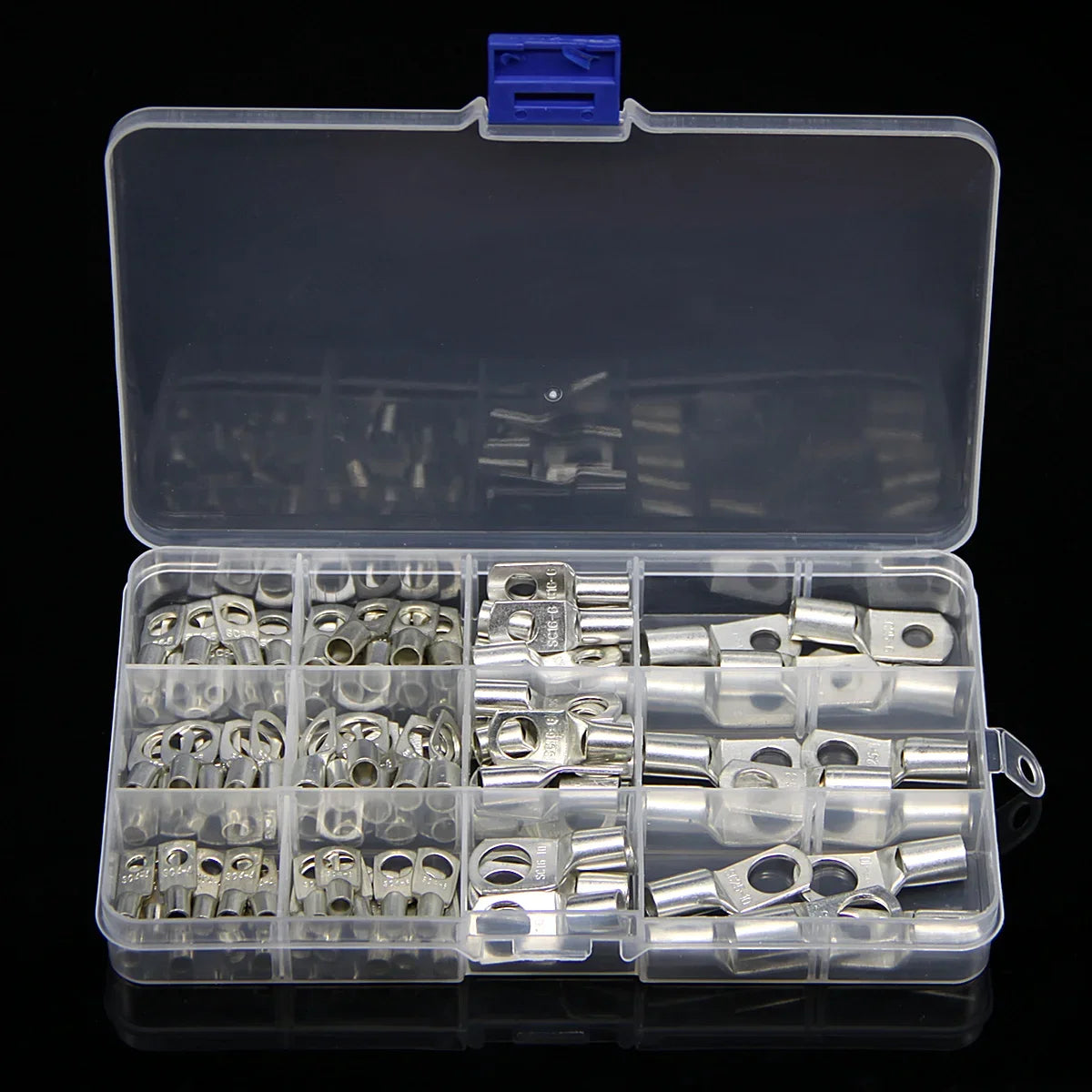 Tinned Copper Cable lugs set in a transparent storage box with separate compartments for various sizes.