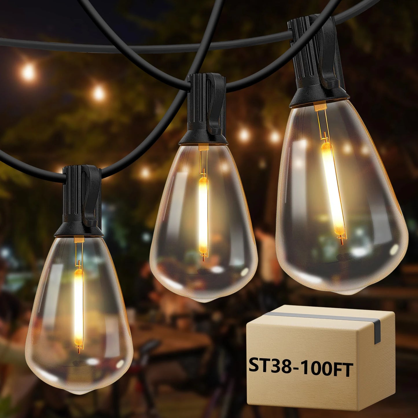 100ft Outdoor String Lights Waterproof,  with 24 Edison Vintage Bulbs