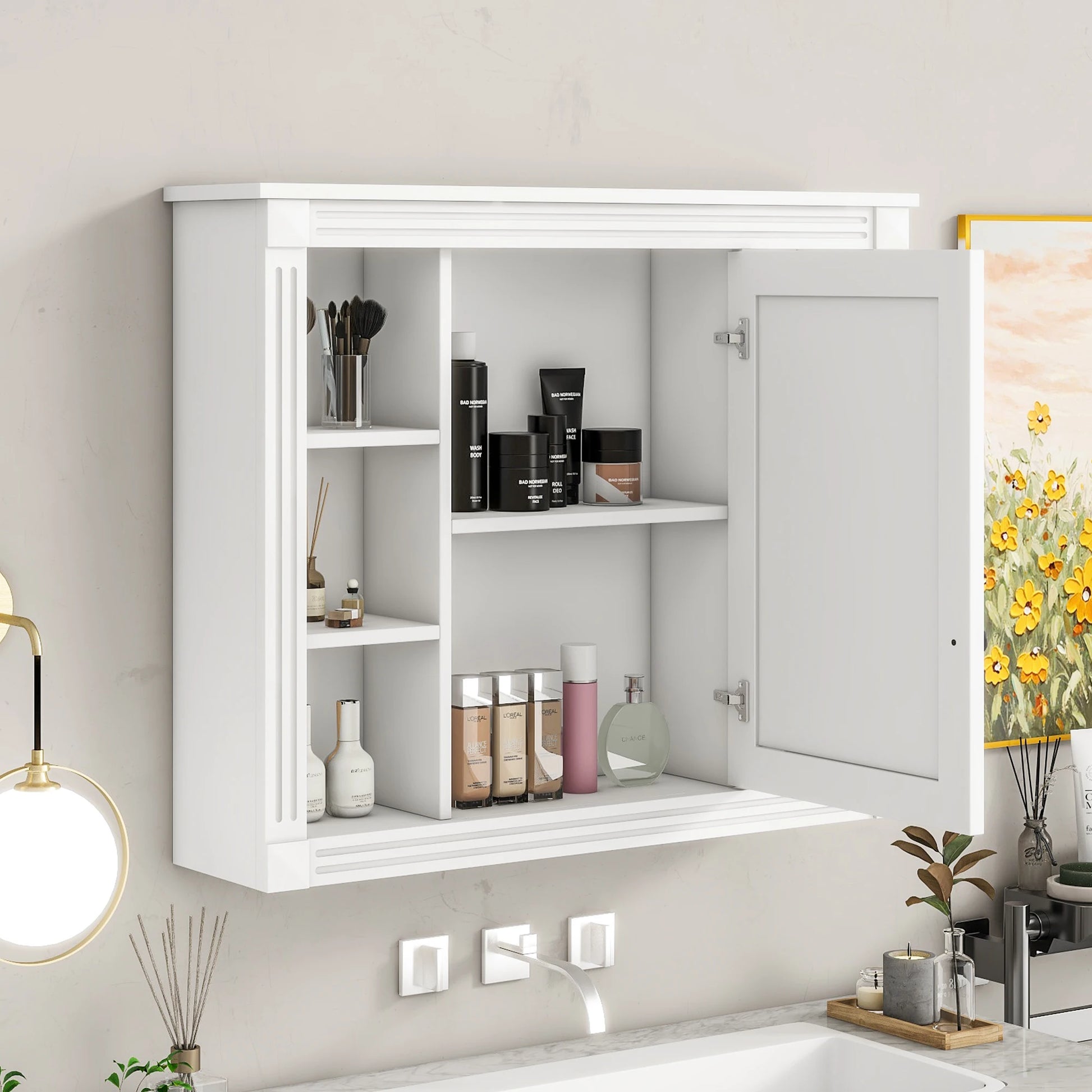 35 Inch Bathroom Wall Cabinet - Modern Mirror & 6 Shelves