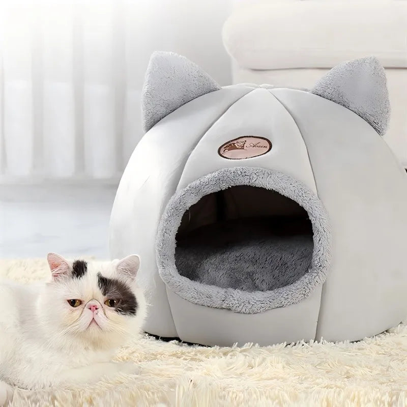 Pet bed with cat ears - Warm Plush Cat Condo & Dog Bed