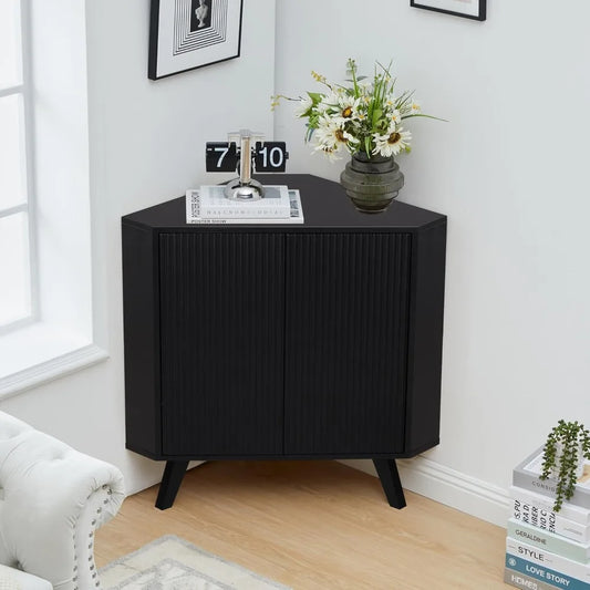 Fluted Floor Corner Cabinet with Adjustable Shelve