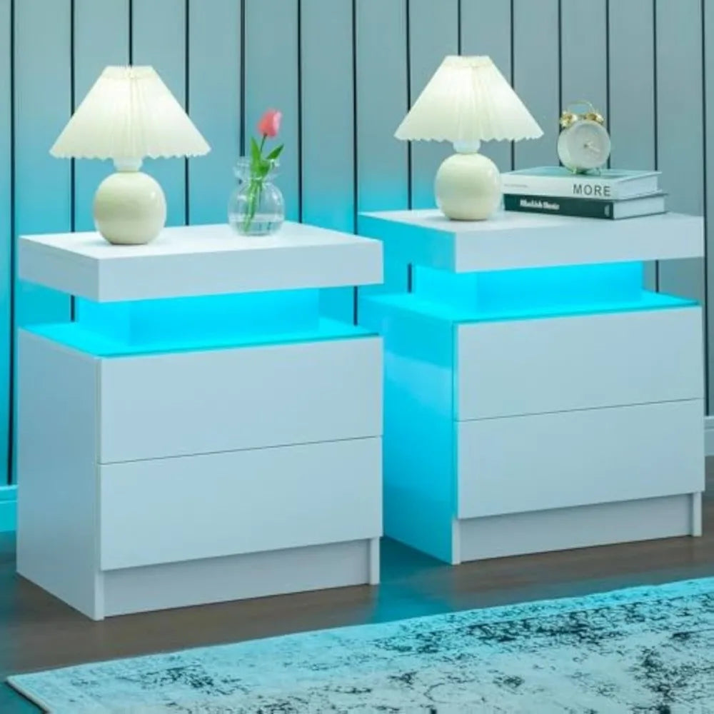 Set of 2 LED Nightstand with 2 Drawers