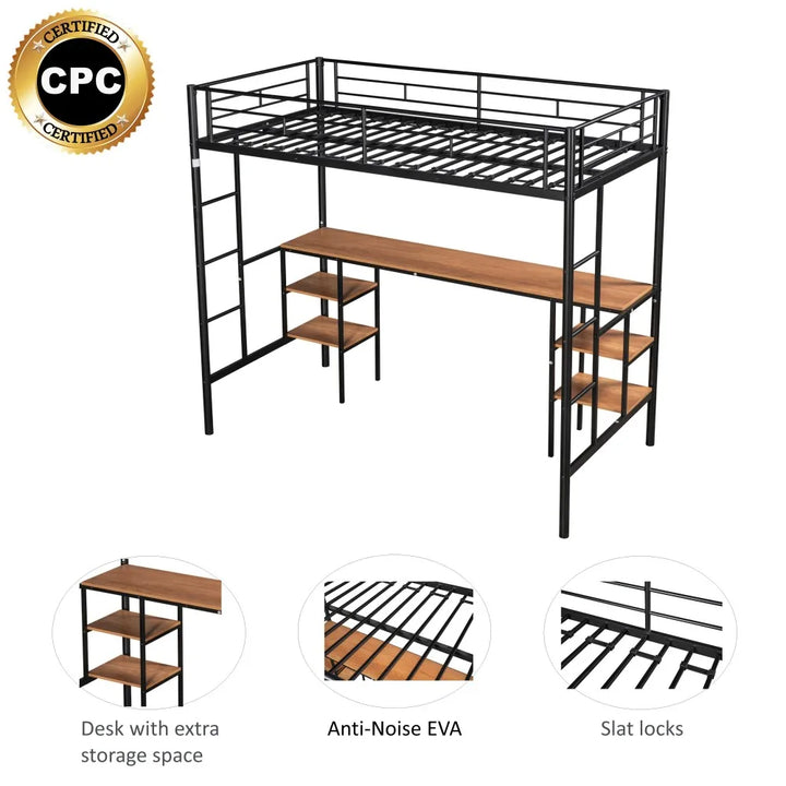 Twin Size Loft Bed with Desk - Built-in Table & Shelves