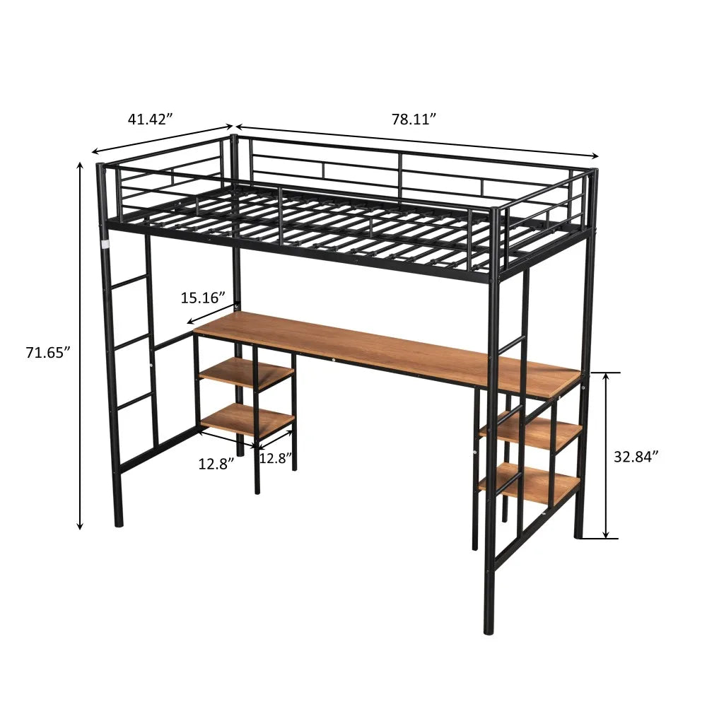 Twin Size Loft Bed with Desk - Built-in Table & Shelves