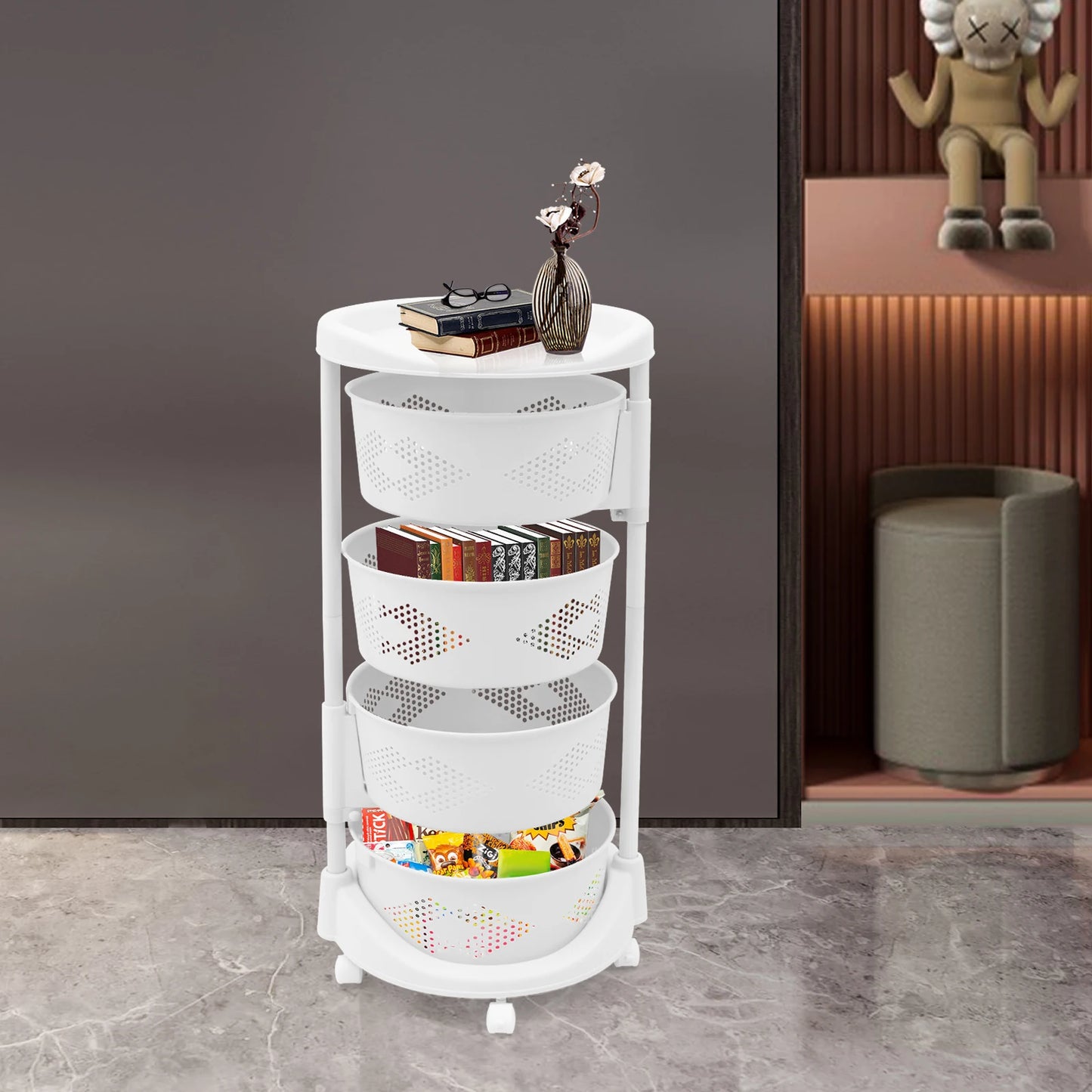 Cupboard Shelf with 5 Wheels, 4 Baskets for Storage
