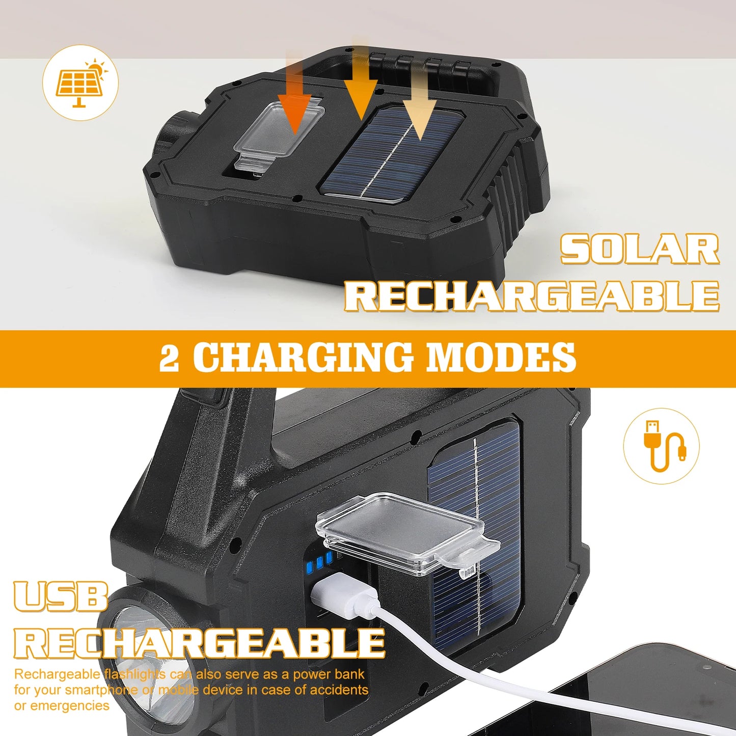 Solar-Powered LED Flashlight - Rechargeable with 6 Modes, Waterproof