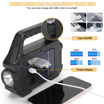Solar-Powered LED Flashlight - Rechargeable with 6 Modes, Waterproof