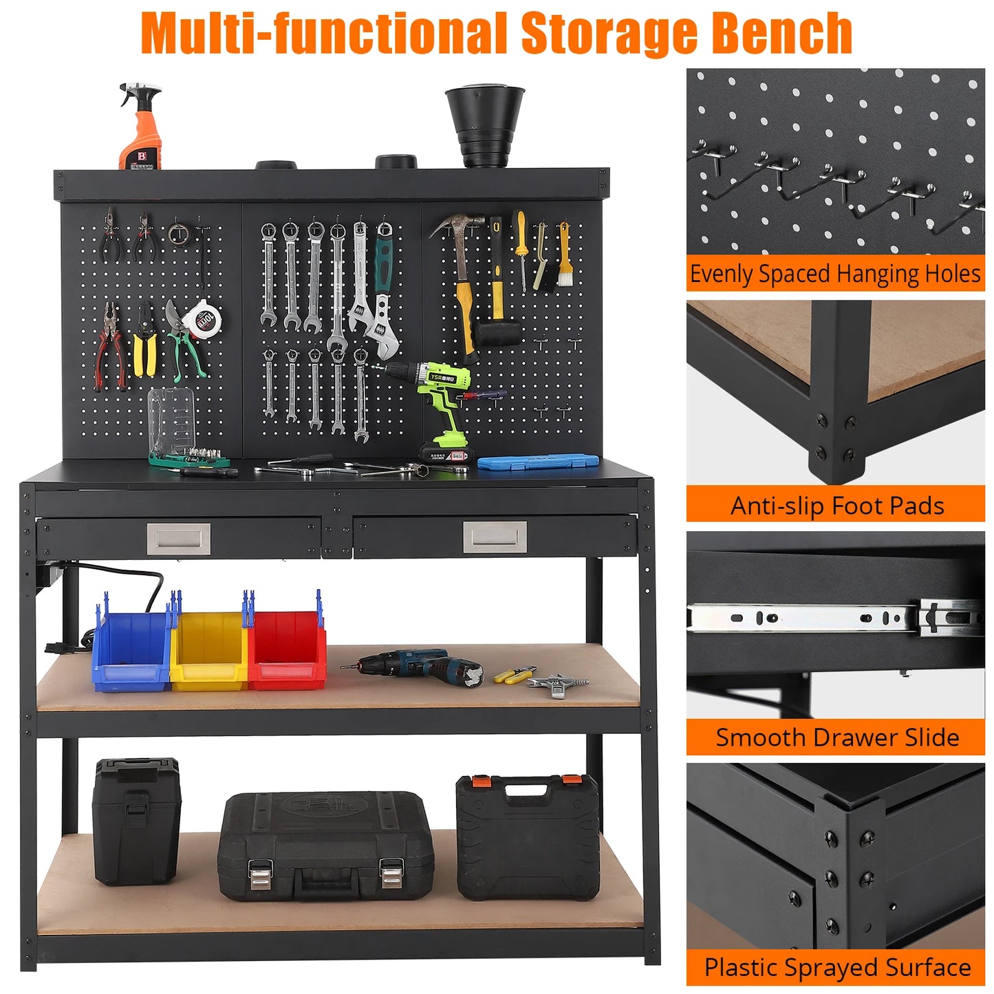 Steel Workbench for Garage Featuring Pegboard,1000lbs Capacity,and 4 AC Power Outlets