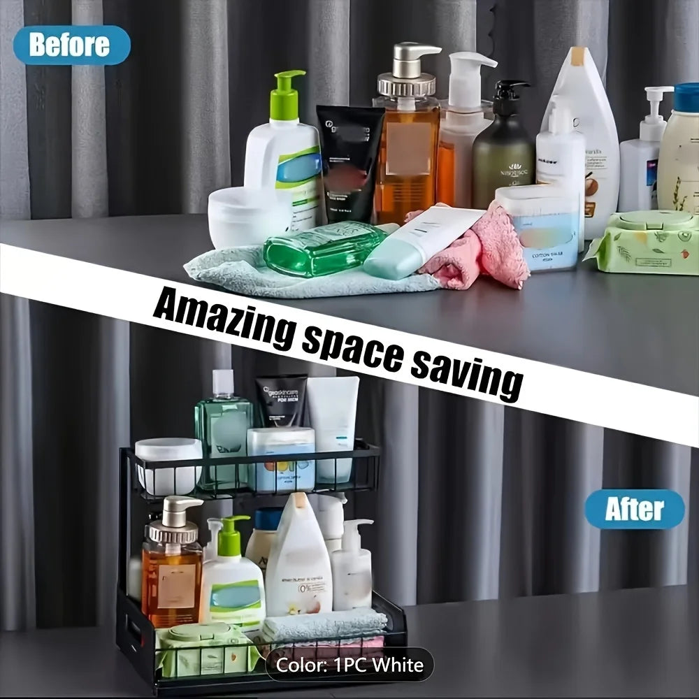 2-Tier Under Sink Organizer - Heavy Duty Plastic Pull Out Cabinet Storage Shelf, Waterproof Bathroom, Pantry, Refrigerator