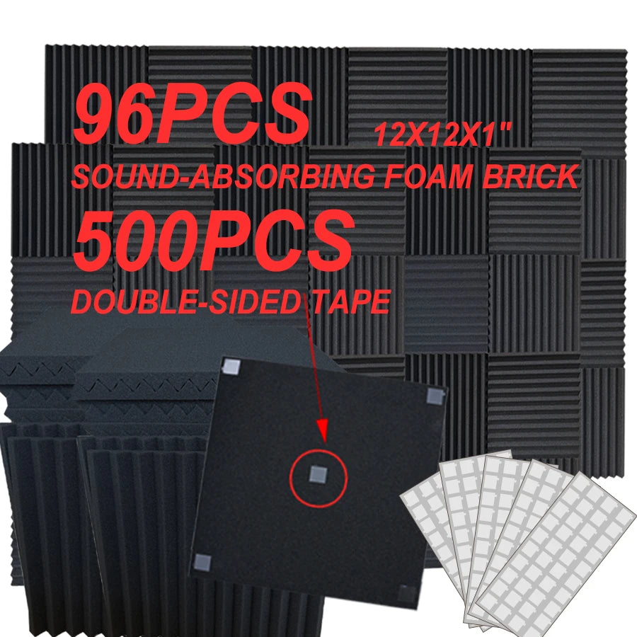96 pieces of black soundproofing cotton, including 510 pieces of double-sided adhesive tape, suitable for sound absorption