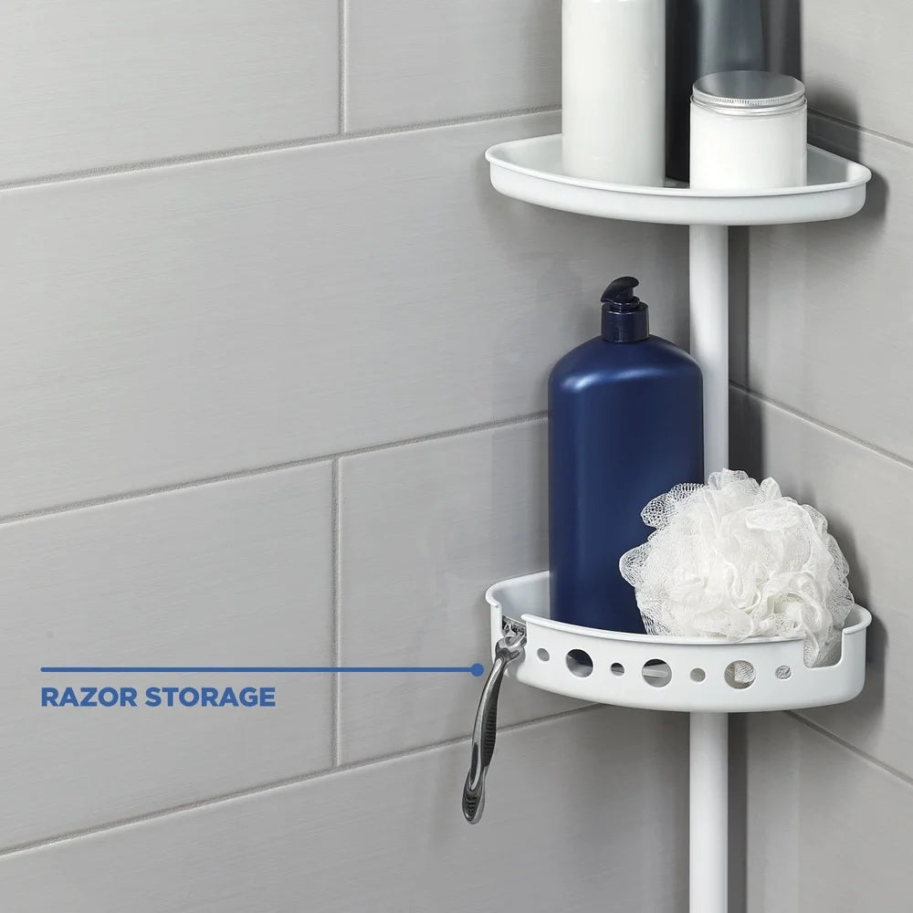 Adjustable Tension Shower Pole Caddy, 3 Shelves Deep Basket, fits 5 to 8 Feet