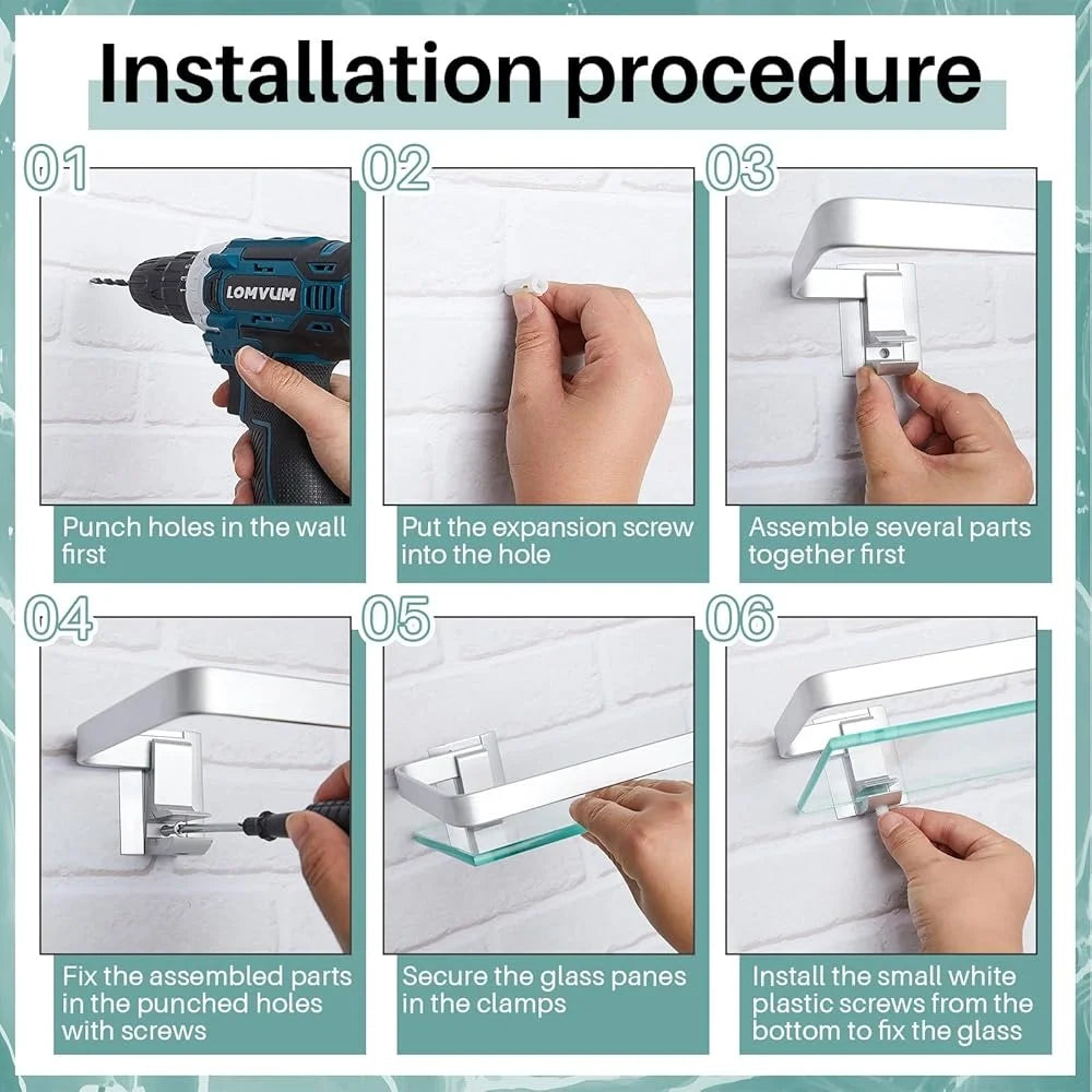 Bathroom Glass Corner Shelf 2 Pieces Wall Mounted Storage