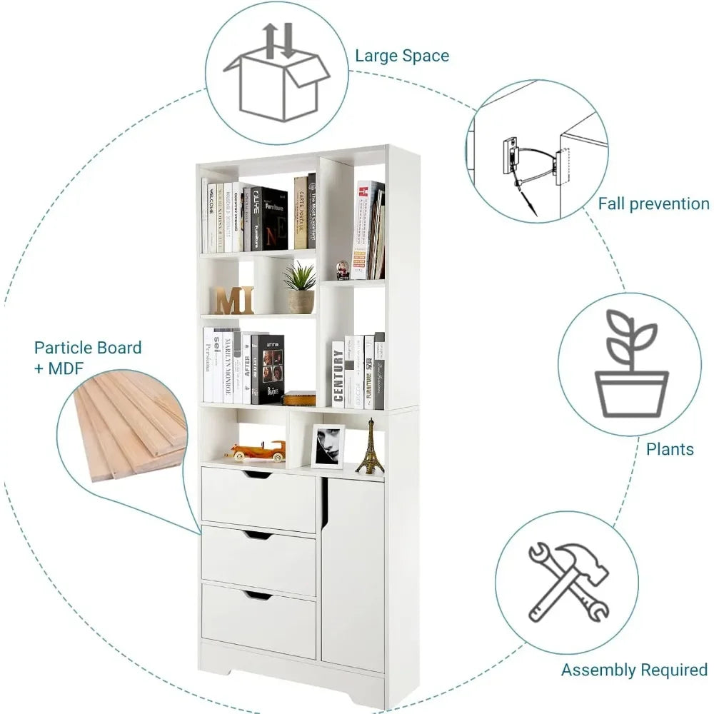 71 Inch Wooden Bookcase with 3 Drawers & Door