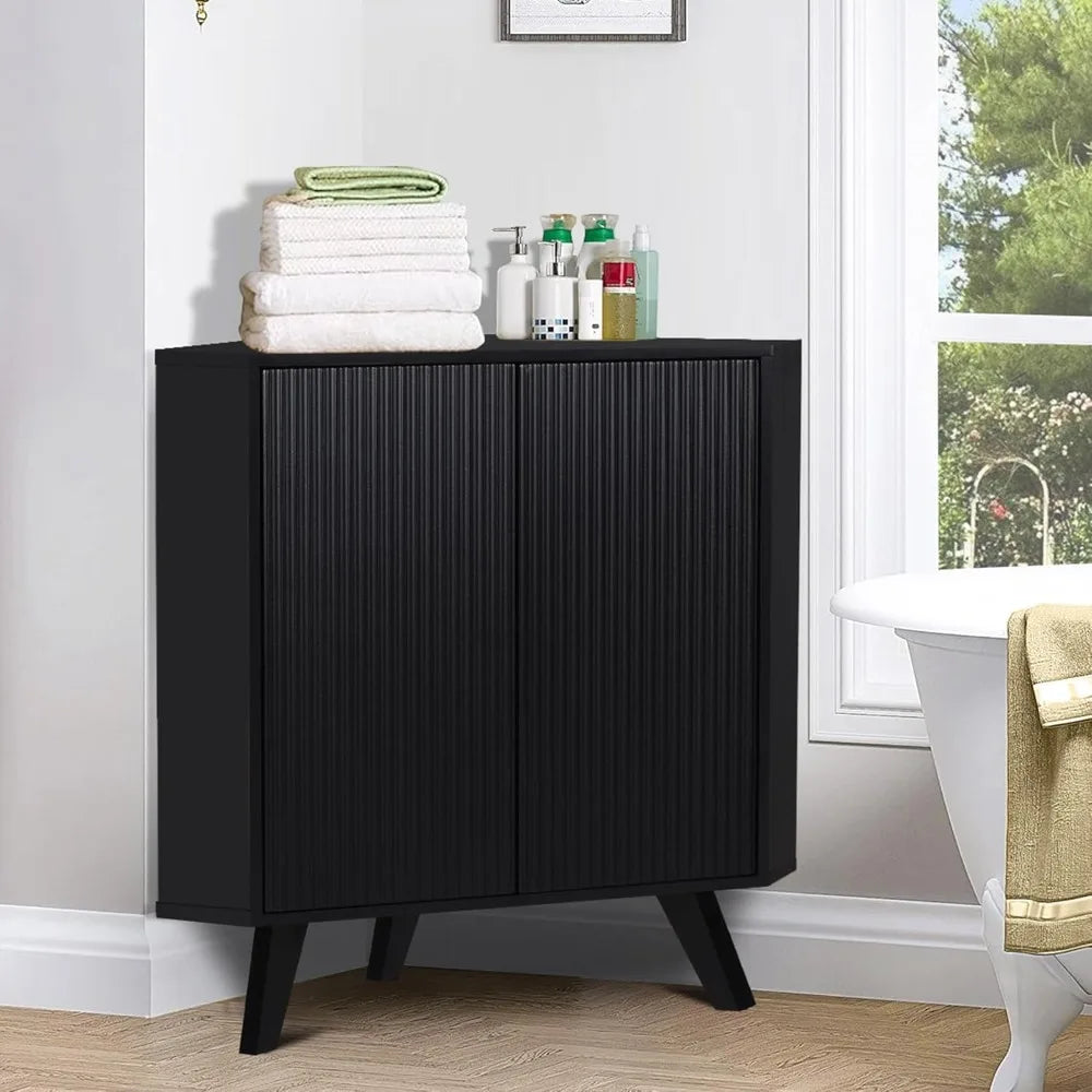 Fluted Floor Corner Cabinet with Adjustable Shelve
