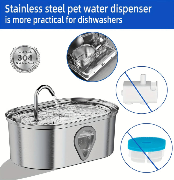 Stainless Steel Cat Water Fountain 3.5L - Automatic LED Dispenser