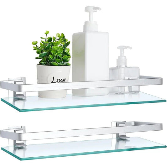 Bathroom Glass Corner Shelf 2 Pieces Wall Mounted Storage