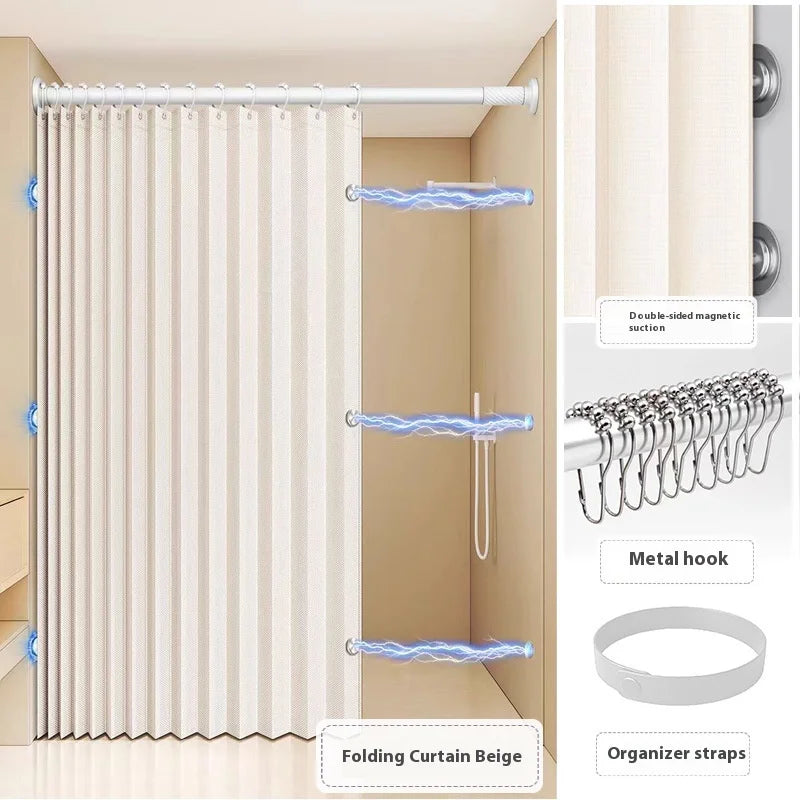 Bathroom Folding Linen Shower Curtain with Magnets Waterproof