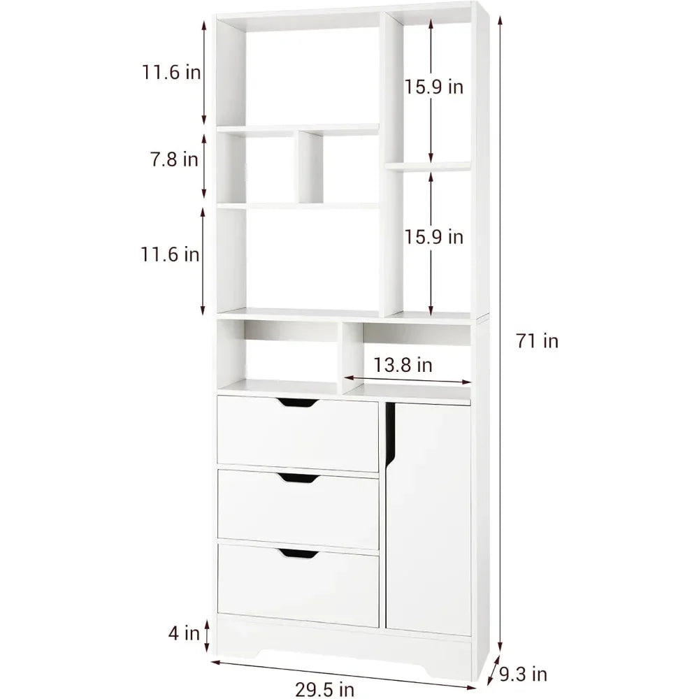 71 Inch Wooden Bookcase with 3 Drawers & Door