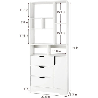 71 Inch Wooden Bookcase with 3 Drawers & Door