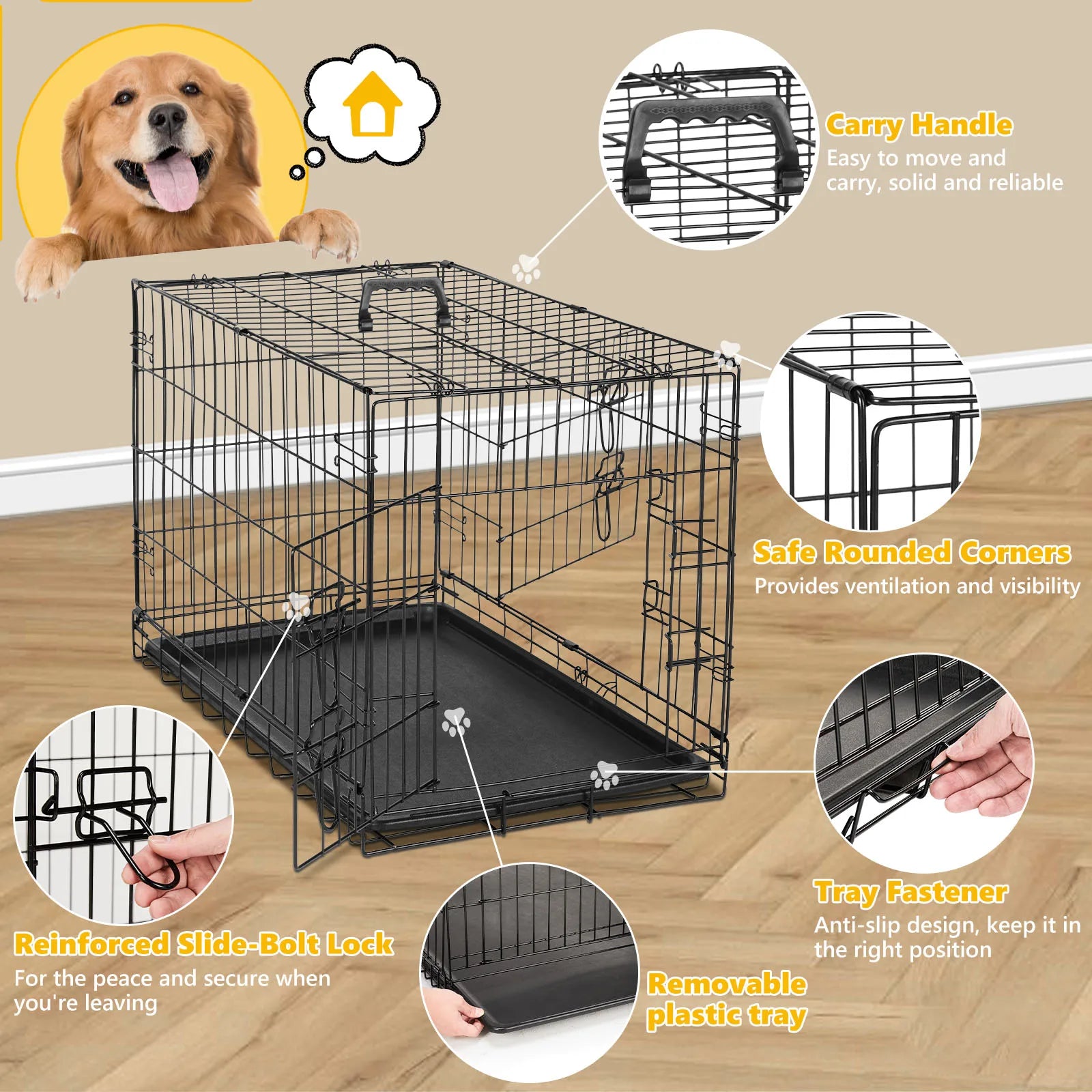 Double Door Folding Metal Wire Dog Cage - Secure Folding Crate