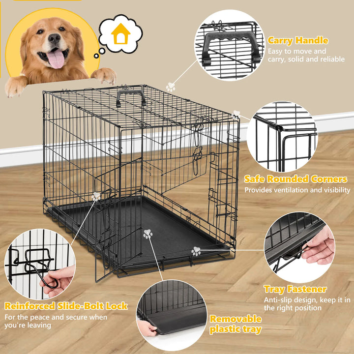 Double Door Folding Metal Wire Dog Cage - Secure Folding Crate